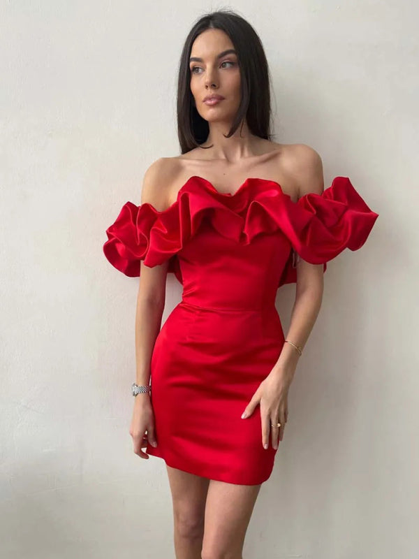 Elegant Satinklänning med Volang, Off-Shoulder Mini för Fest | Eva Jonsson-Eva Jonsson